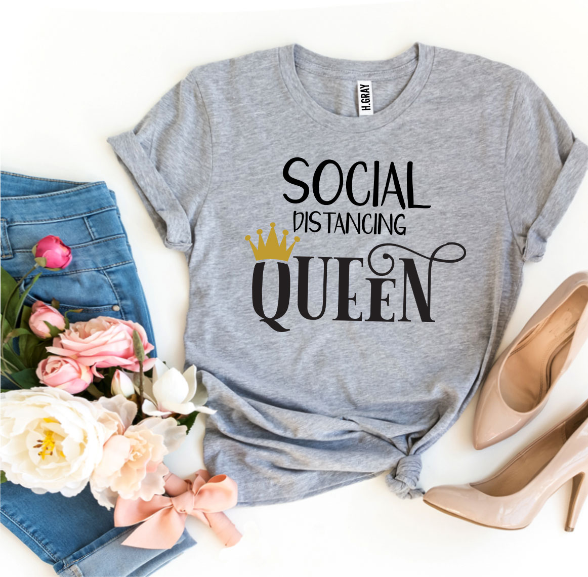 Social Distancing Queen T-shirt in various sizes, showcasing premium quality cotton and vibrant flex print design.