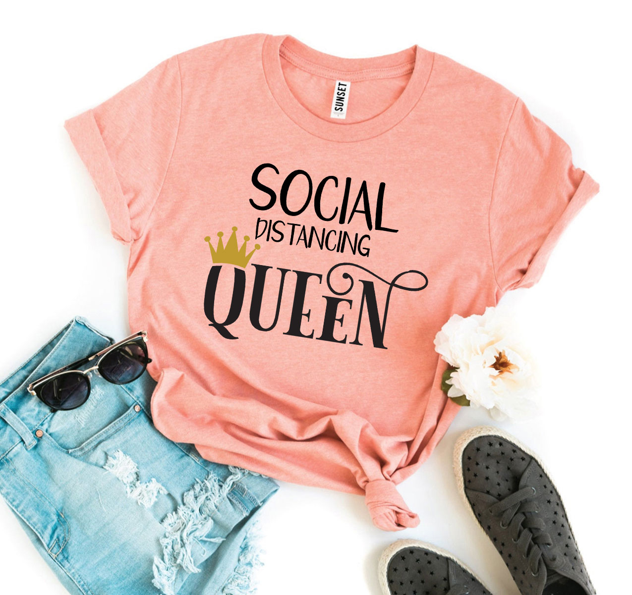 Social Distancing Queen T-shirt in various sizes, showcasing premium quality cotton and vibrant flex print design.