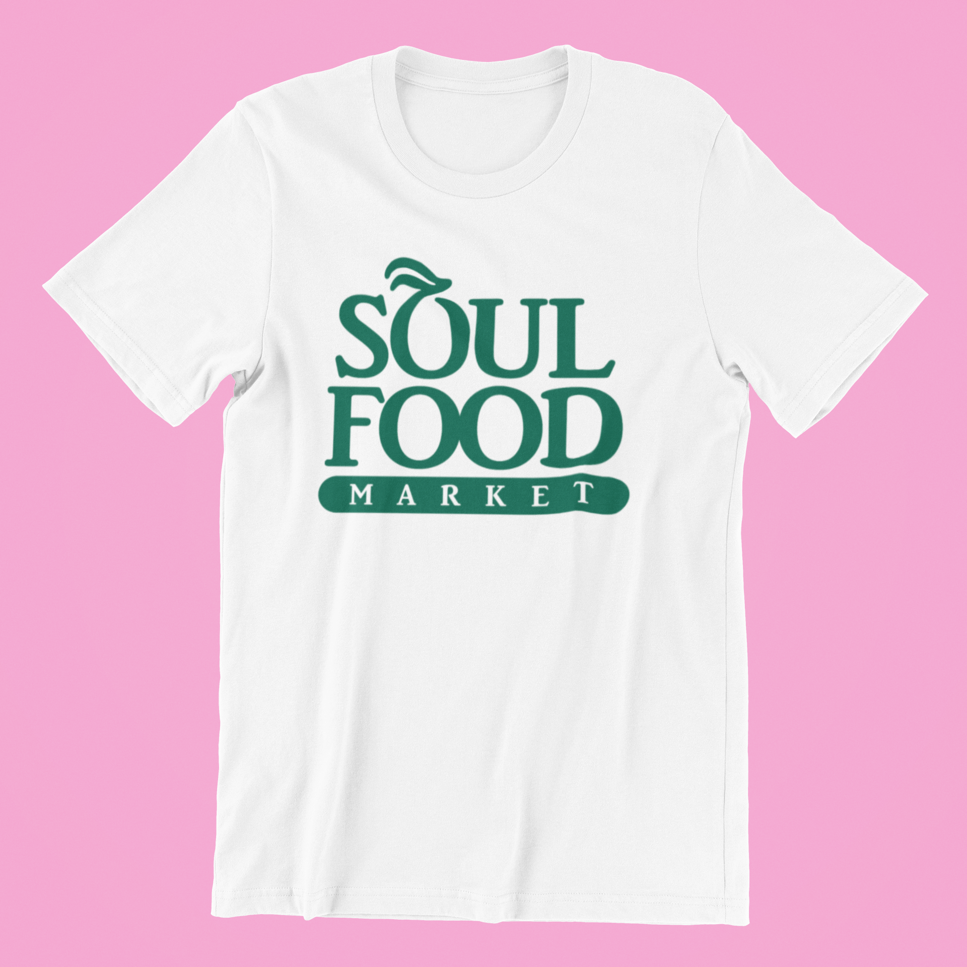 Soul Food Market Shirt displayed on a hanger, showcasing its classic fit and vibrant design.