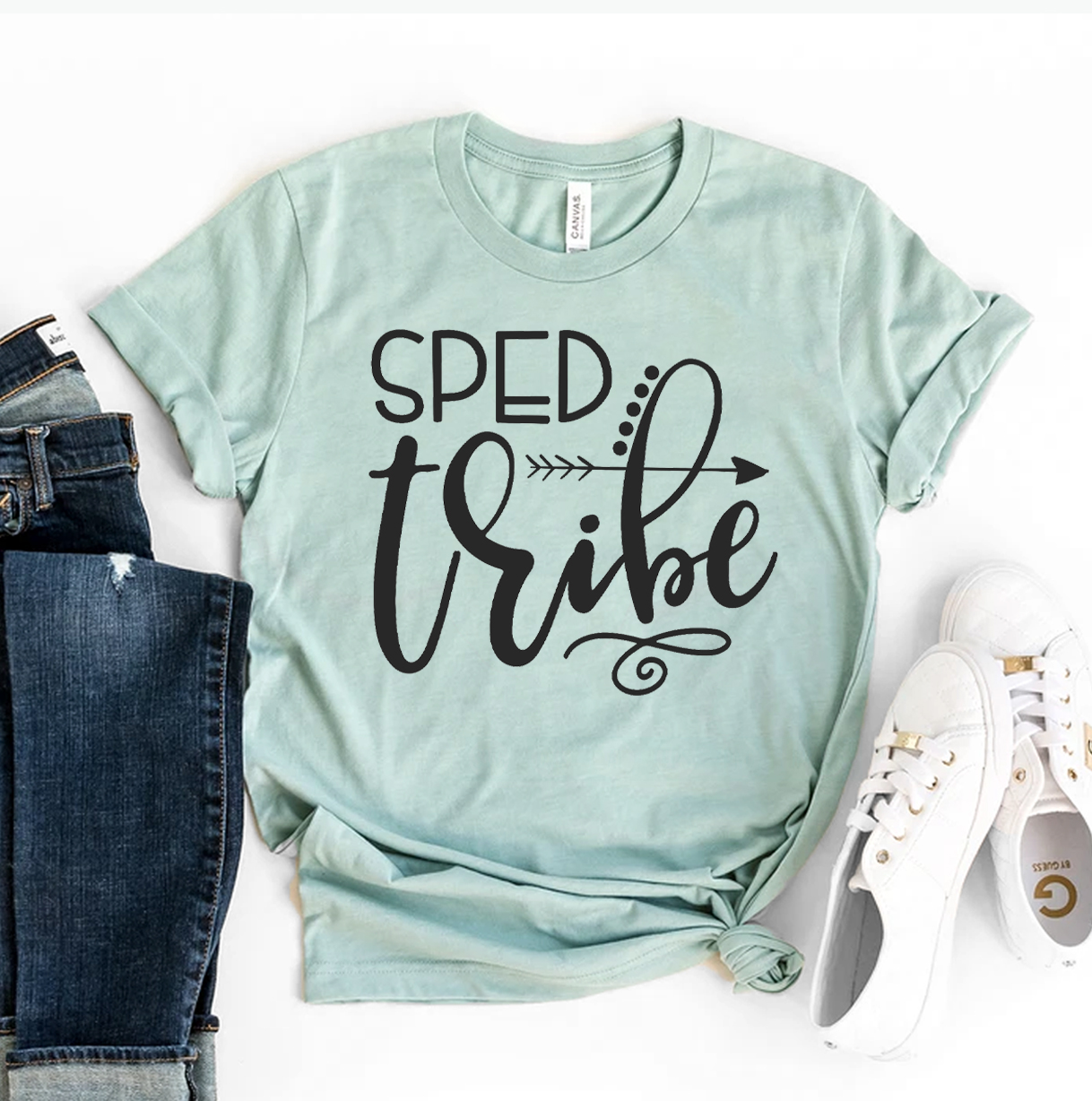 Sped Tribe T-shirt made of premium ring spun cotton with vibrant flex print design, available in various sizes.