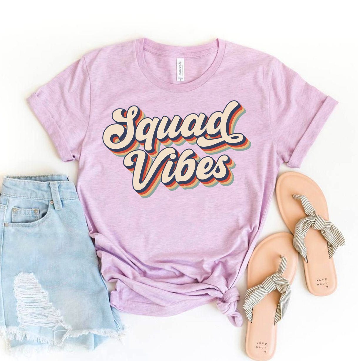 Squad Vibes T-shirt made of premium ring spun cotton with a vibrant flex print design, available in various sizes.