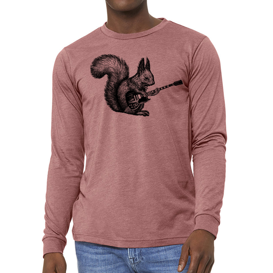 A long sleeve shirt featuring a playful squirrel playing a guitar, showcasing vibrant colors and a comfortable fit.