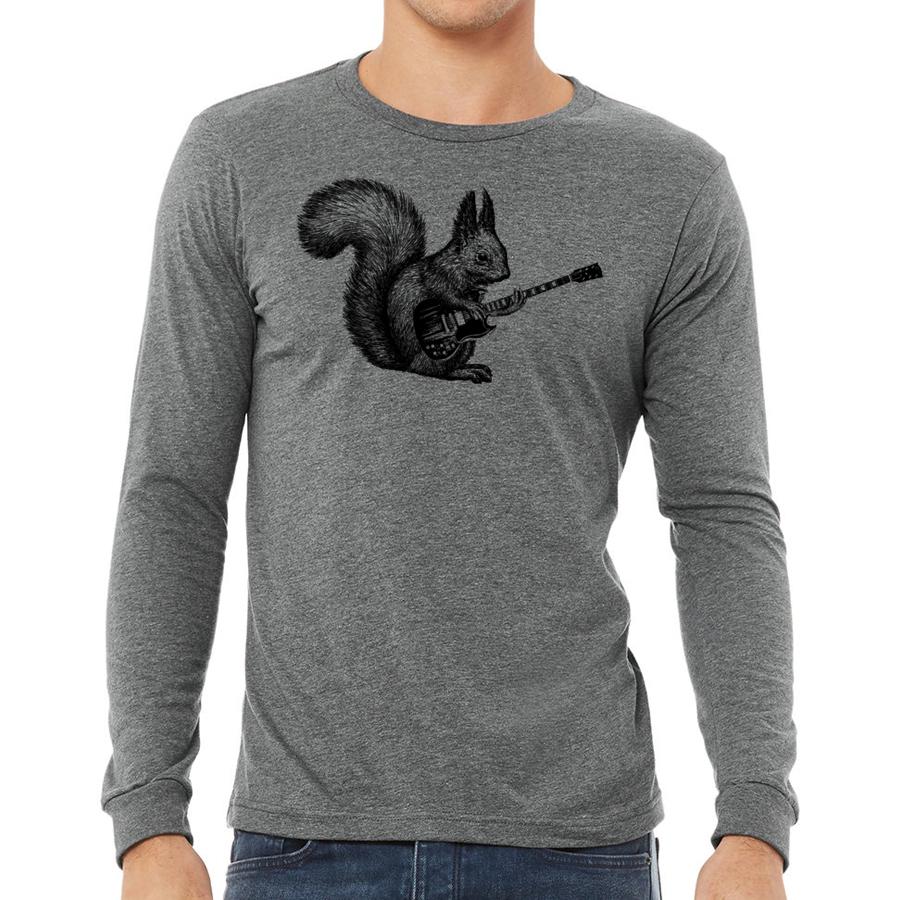 A long sleeve shirt featuring a playful squirrel playing a guitar, showcasing vibrant colors and a comfortable fit.