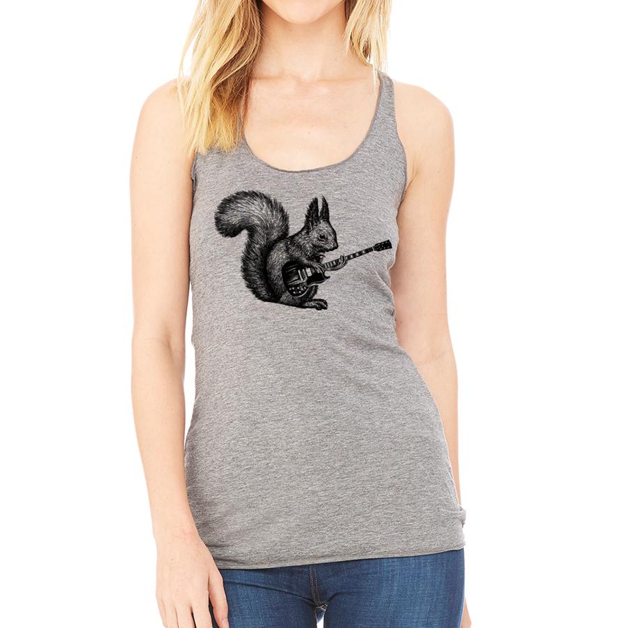 A stylish racerback tank top featuring a playful squirrel playing a guitar, perfect for music lovers.