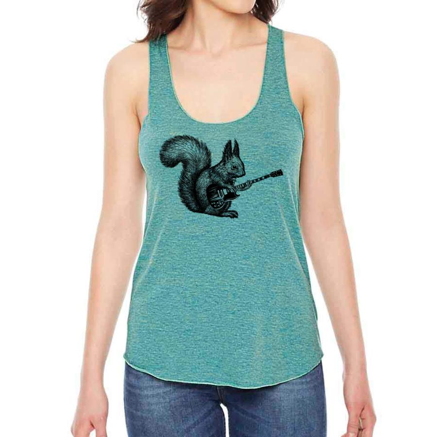 A stylish racerback tank top featuring a playful squirrel playing a guitar, perfect for music lovers.