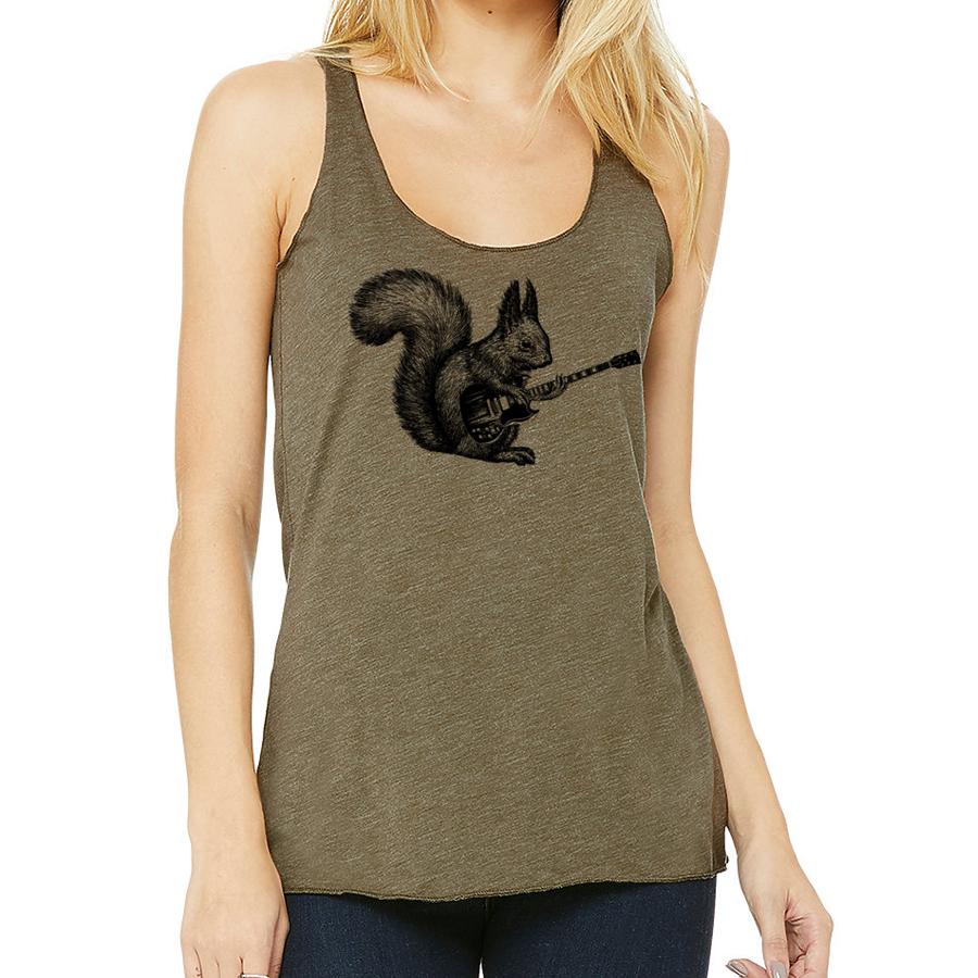 A stylish racerback tank top featuring a playful squirrel playing a guitar, perfect for music lovers.