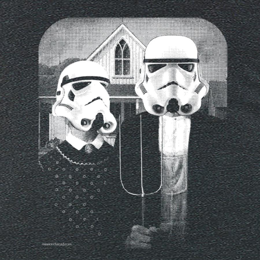 Star Wars American Gothic tee featuring iconic characters in classic art style, showcasing a blend of sci-fi and traditional artwork.