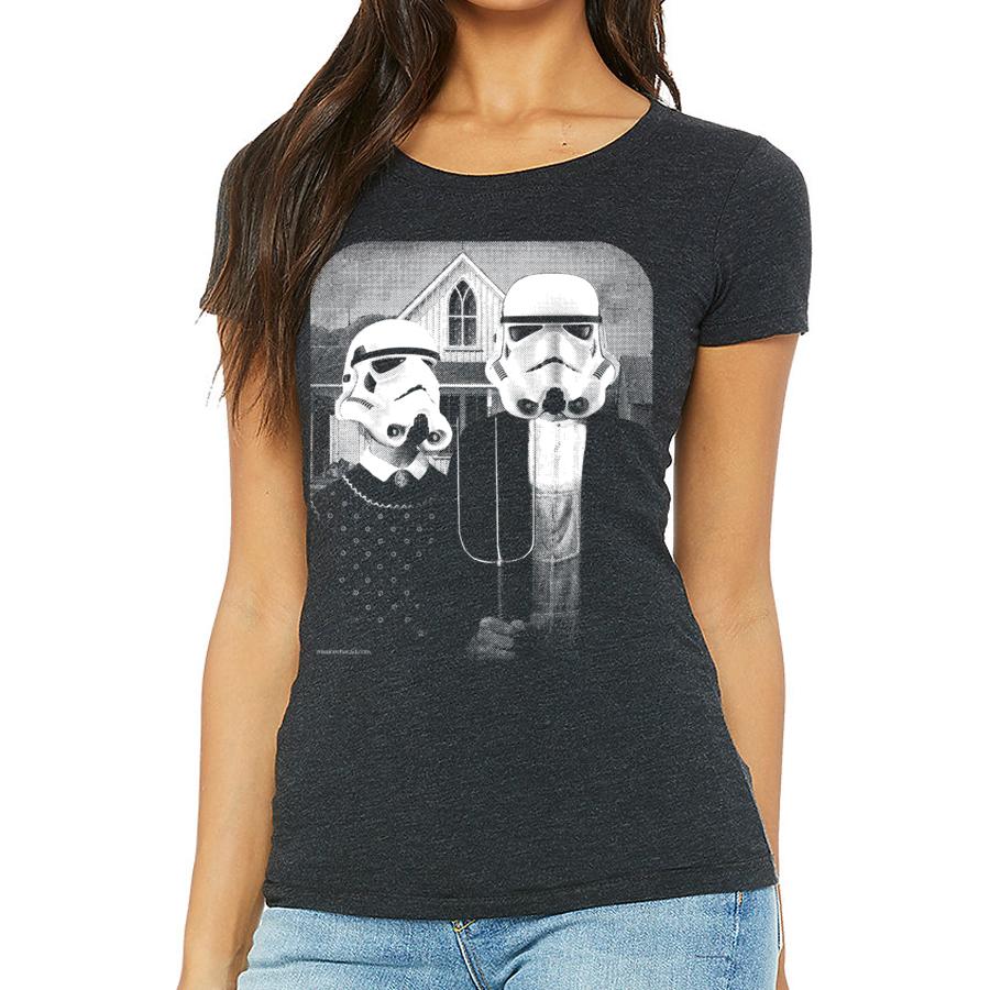 Star Wars American Gothic tee featuring iconic characters in classic art style, showcasing a blend of sci-fi and traditional artwork.