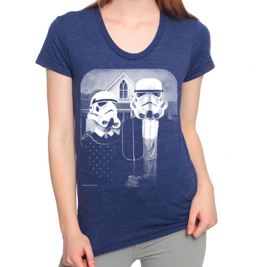 Star Wars American Gothic tee featuring iconic characters in classic art style, showcasing a blend of sci-fi and traditional artwork.