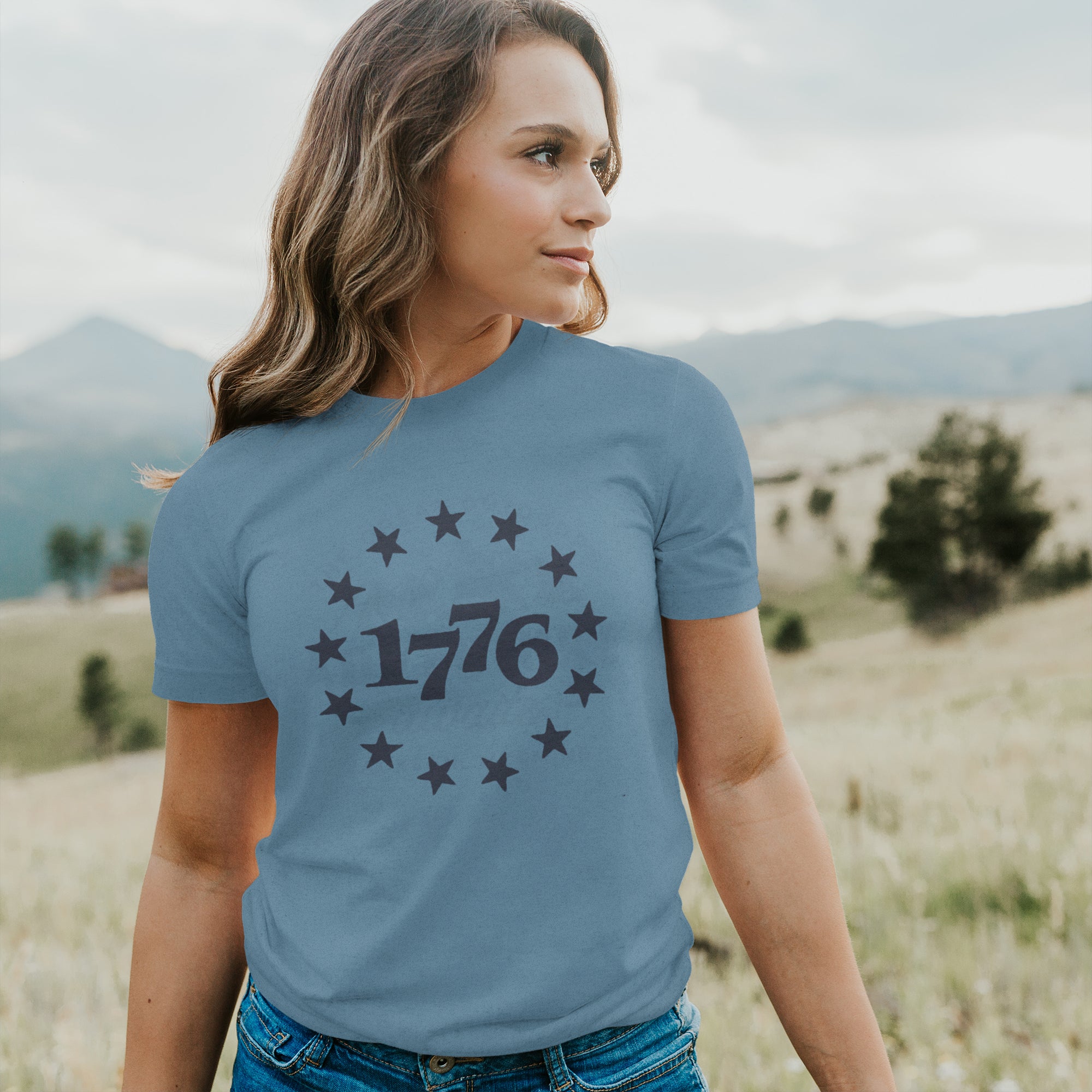 Stars 1776 Short Sleeve T-Shirt featuring a relaxed fit and distressed design, made from soft 100% combed cotton.