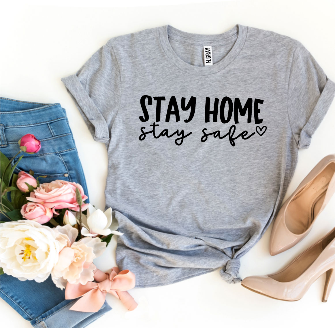 Stay Home Stay Safe T-shirt made from premium ring spun cotton, featuring a vibrant flex print design, available in various sizes.