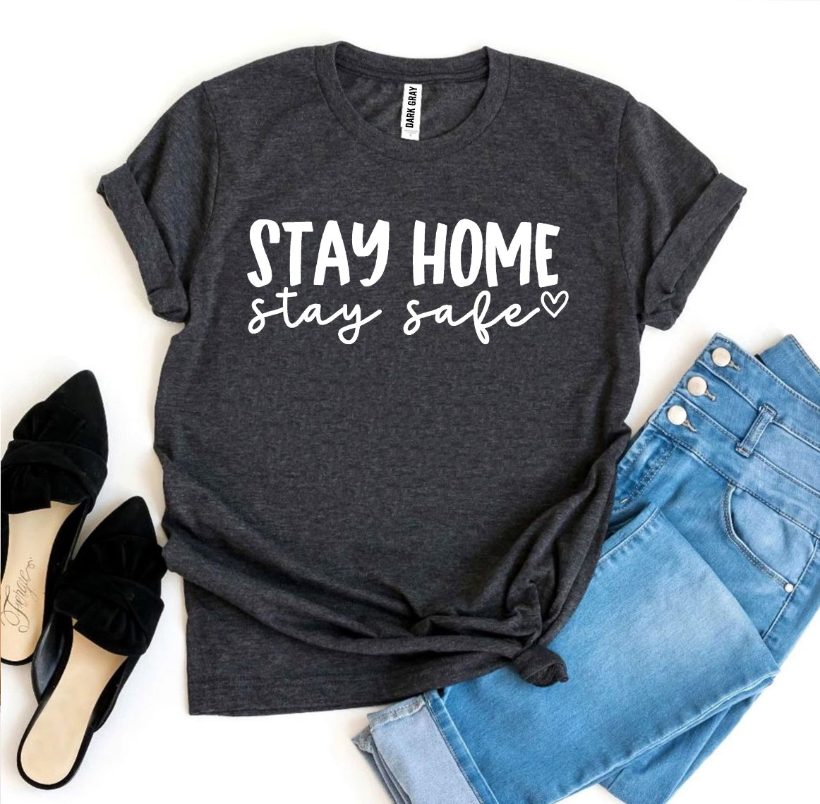 Stay Home Stay Safe T-shirt made from premium ring spun cotton, featuring a vibrant flex print design, available in various sizes.