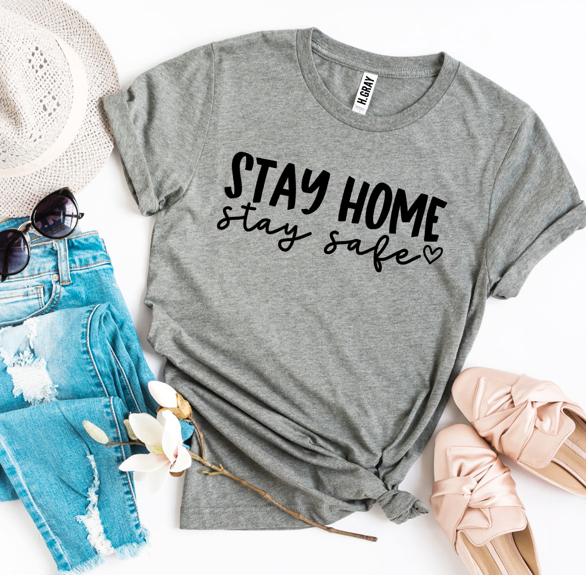 Stay Home Stay Safe T-shirt made from premium ring spun cotton, featuring a vibrant flex print design, available in various sizes.