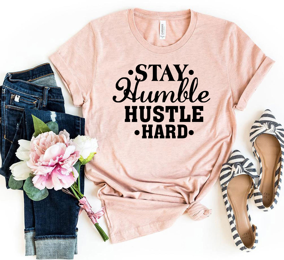 Stay Humble Hustle Hard Shirt in various colors, showcasing its soft fabric and modern fit.