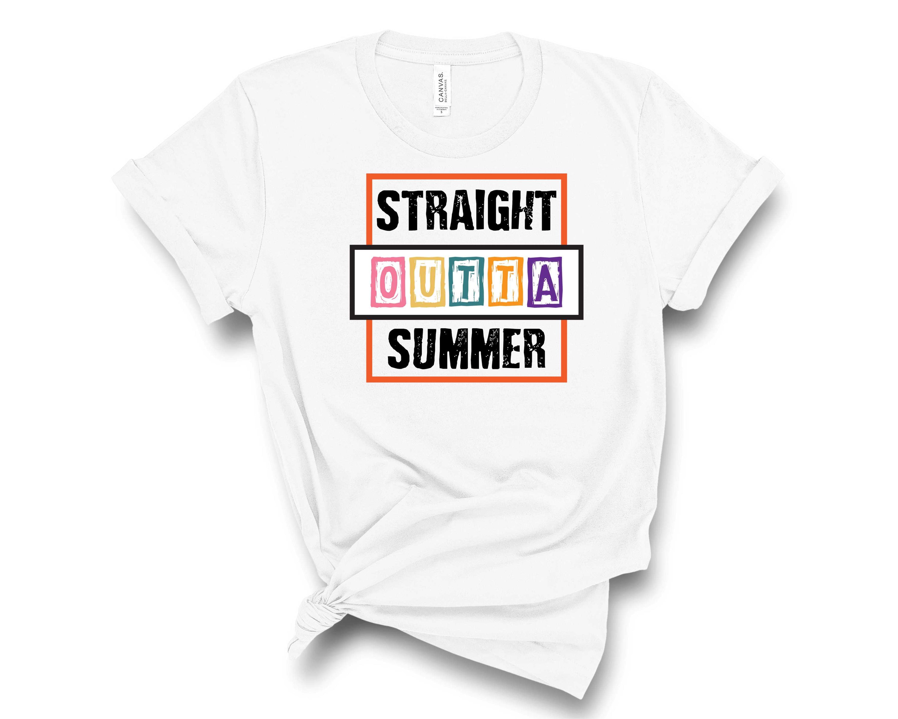 A stylish unisex graphic tee featuring the phrase 'Straight Outta Summer' in bold letters, perfect for casual summer wear.