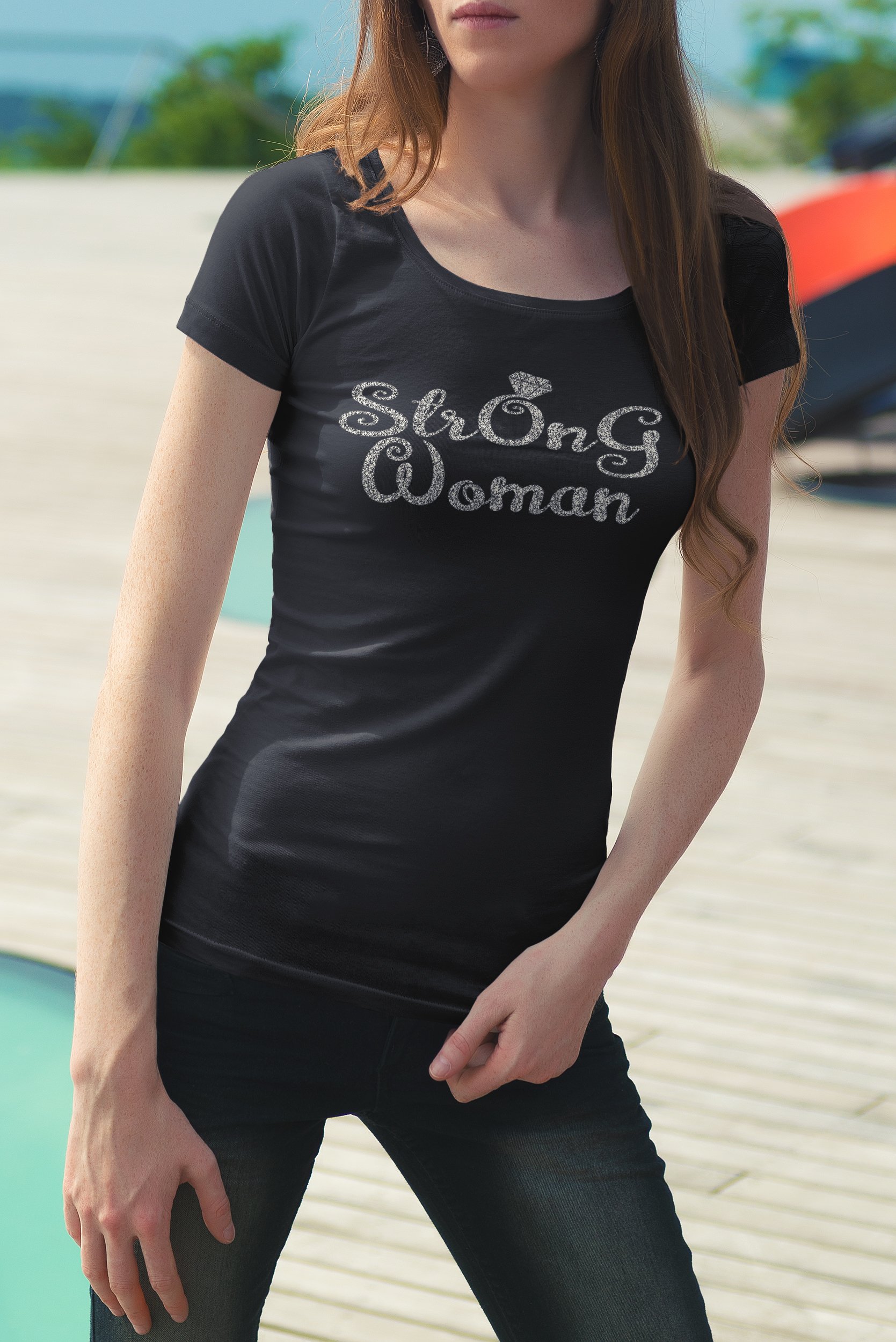 A stylish StrOnG Women Shirt featuring a glitter design, showcasing its soft fabric and short sleeves, perfect for casual wear.