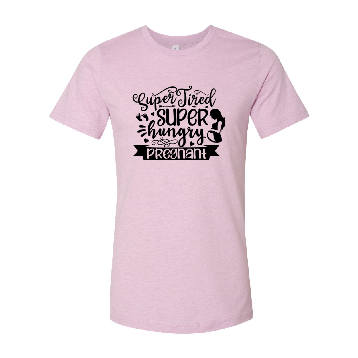 A comfortable unisex T-shirt featuring the phrase 'Super Tired Super Hungry Super Pregnant' in a stylish print, available in multiple colors.