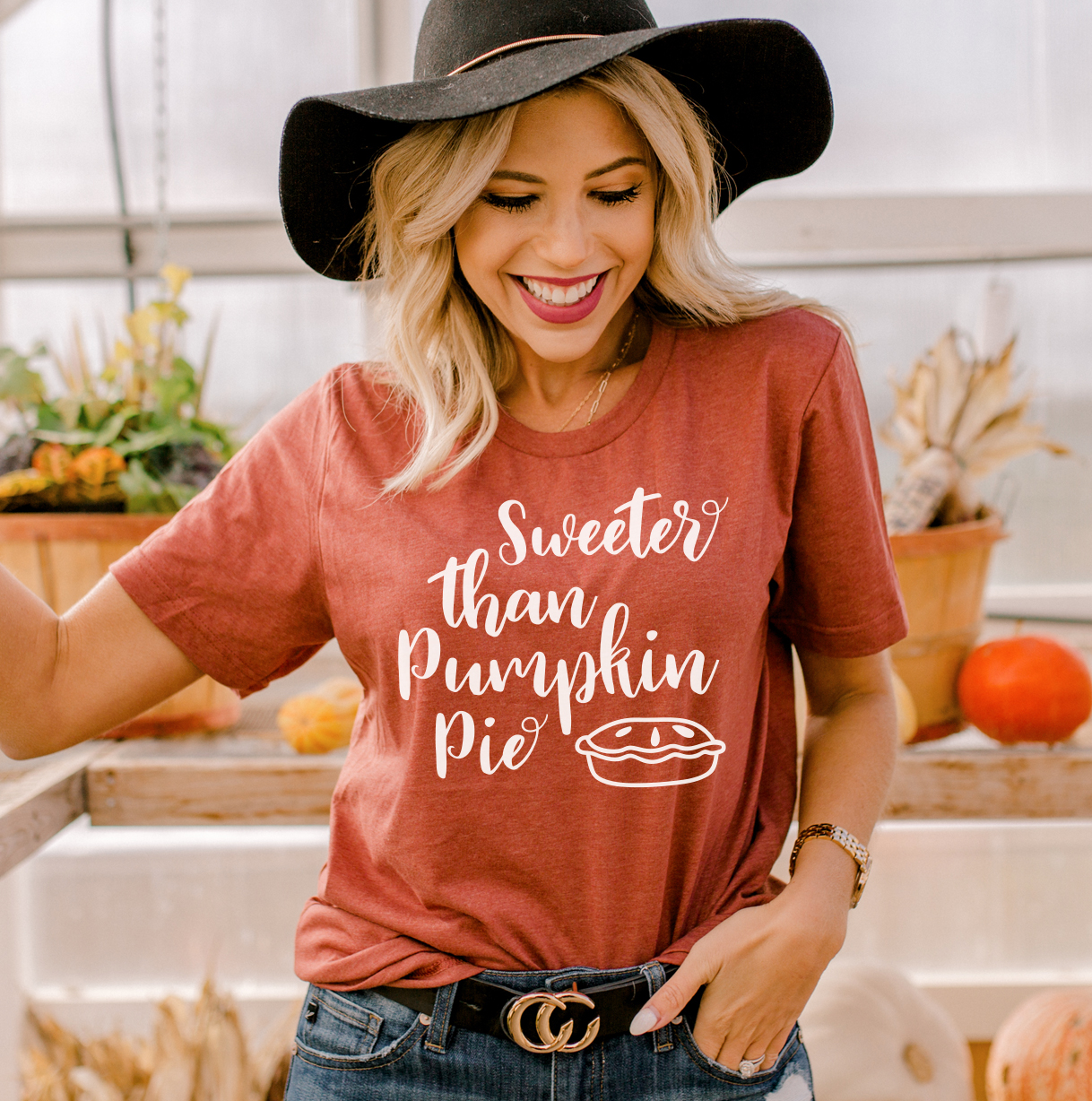 A cozy Sweeter Than Pumpkin Pie T-shirt made of premium ring spun cotton, featuring a stylish fall-themed design.