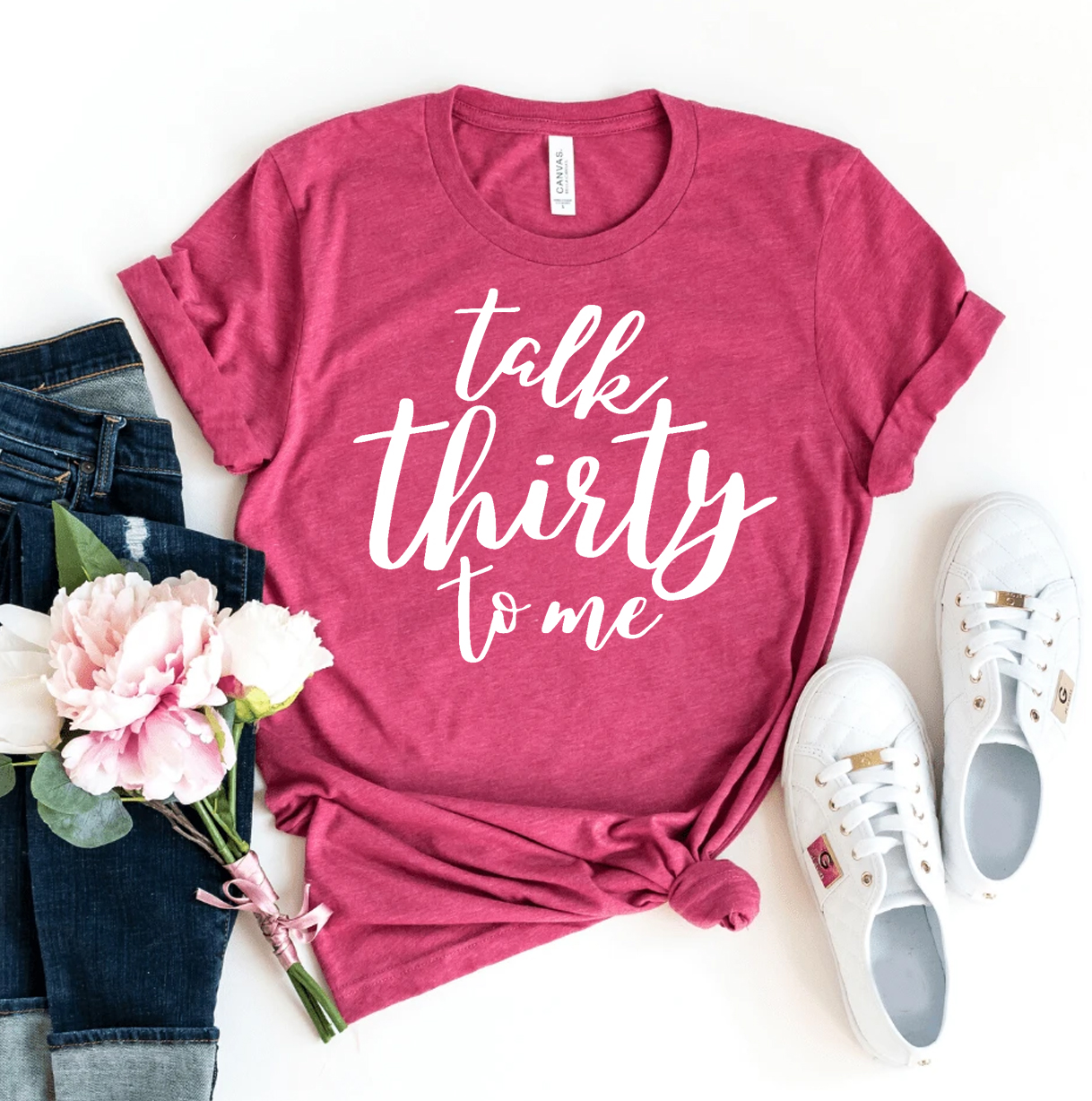 Talk Thirty To Me T-shirt made of premium ring spun cotton, featuring a vibrant flex print design, available in various sizes.