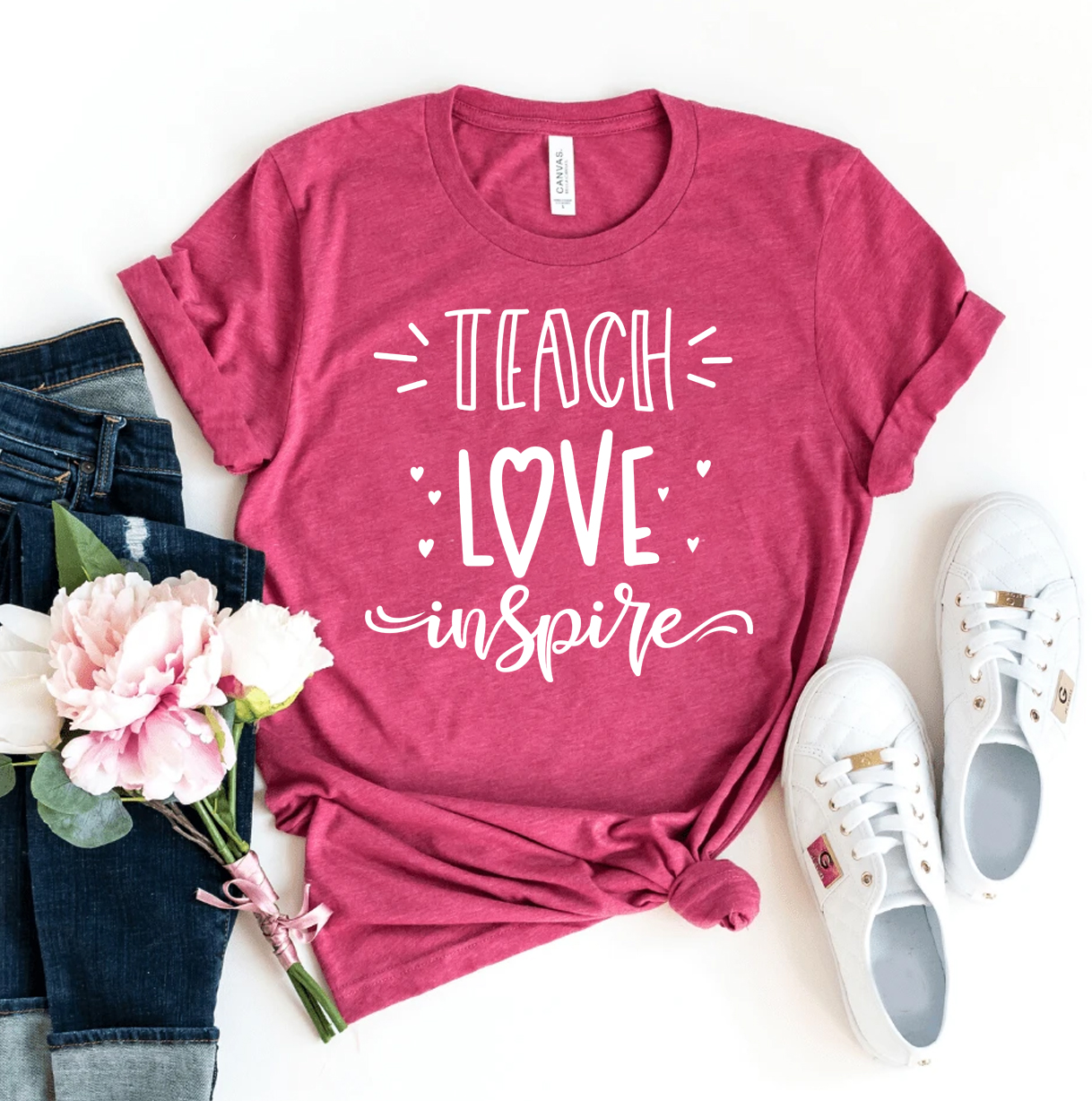 Teach Love Inspire T-shirt made from premium ring spun cotton, featuring a vibrant flex print design.