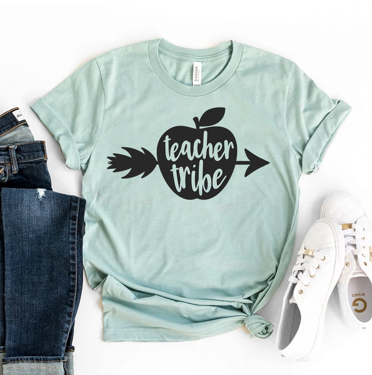 A stylish Teacher Tribe T-shirt made from premium ring spun cotton, featuring a vibrant flex print design, available in various sizes.