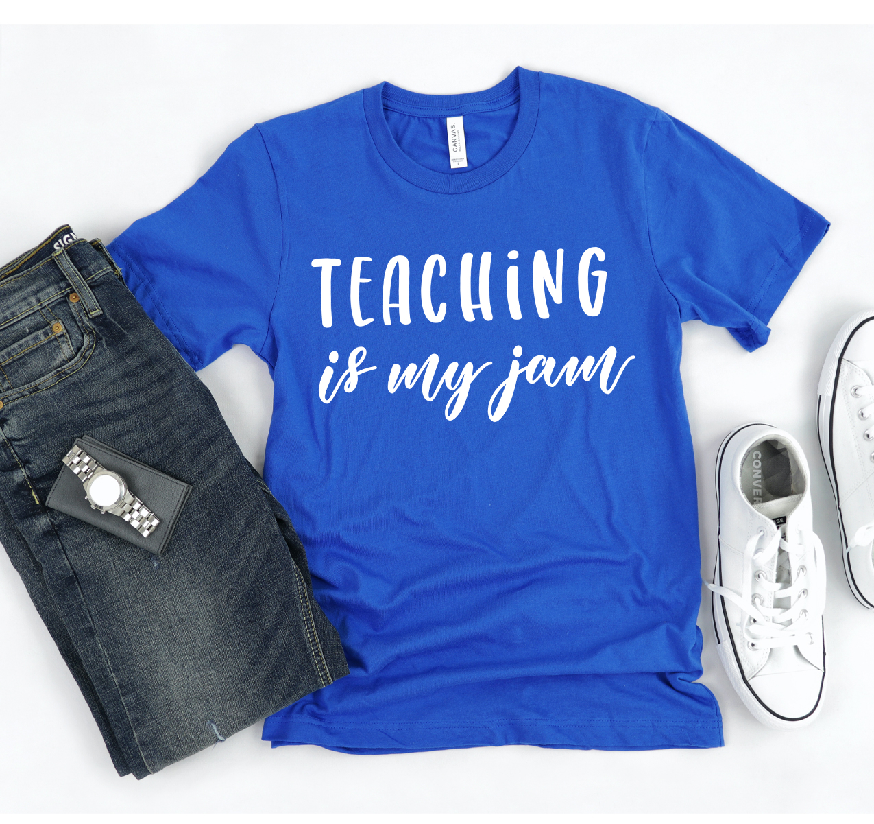 A stylish unisex Teaching Is My Jam T-shirt made from soft cotton, featuring a vibrant print that celebrates teaching.