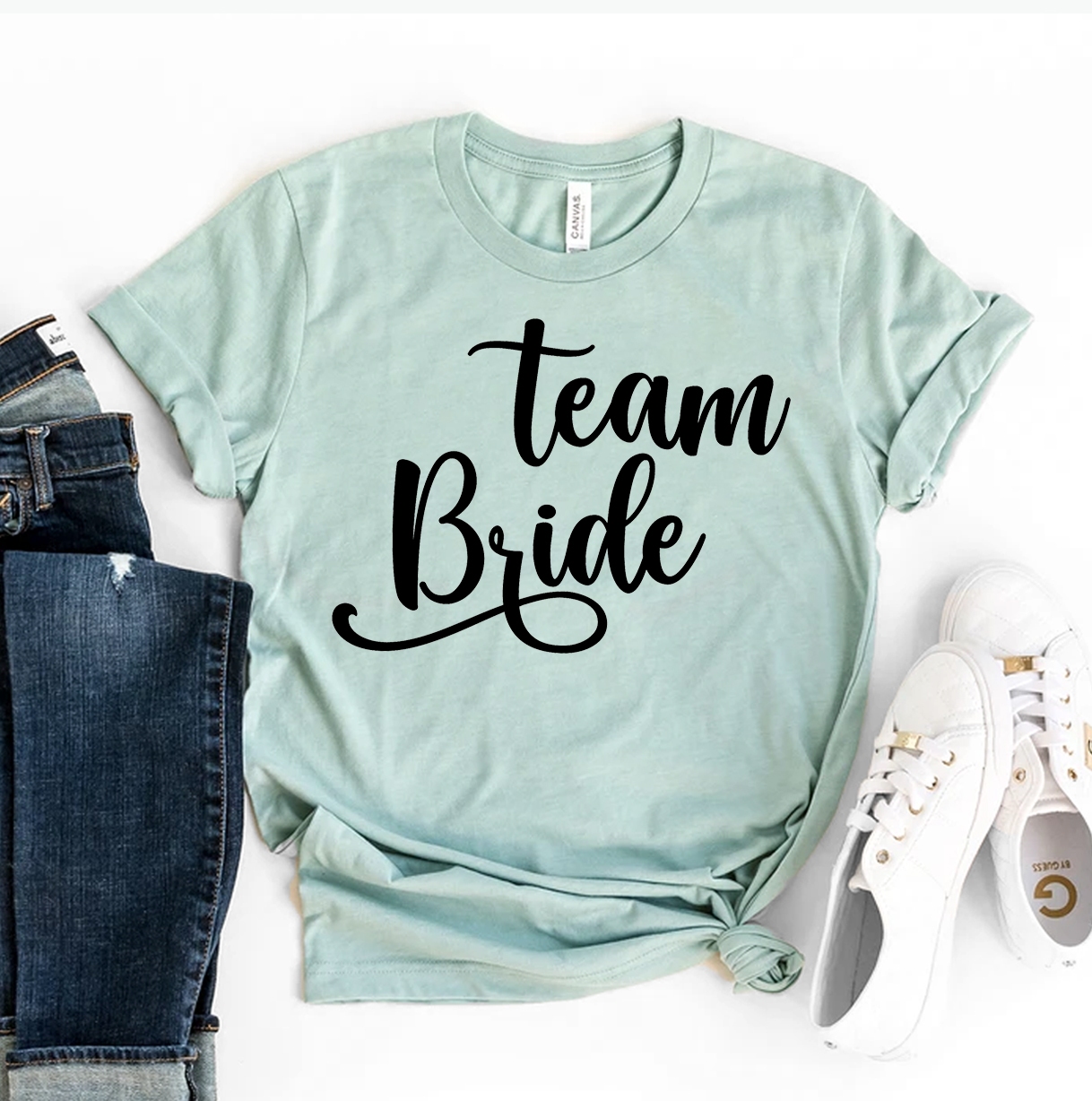 Team Bride T-shirt made of premium ring spun cotton, featuring a stylish design and available in various sizes.