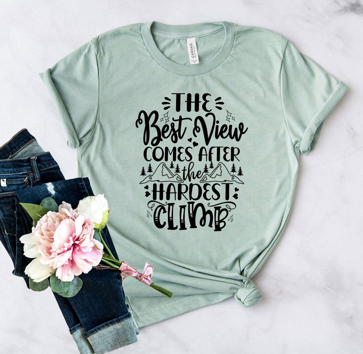 Unisex T-shirt featuring the motivational quote 'The Best View Comes After Highest Climb' in vibrant print, made from soft ring spun cotton.