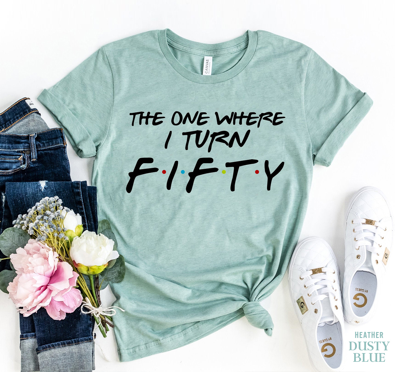 The One Where I Turn Fifty T-shirt in premium ring spun cotton, featuring a stylish design and available in multiple sizes.