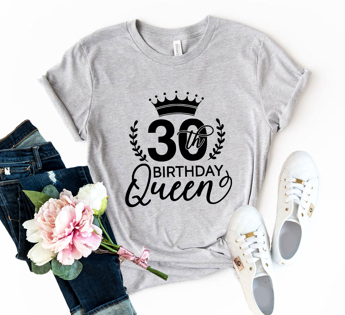 A stylish Thirty Birthday Queen Shirt in various colors, showcasing its comfortable fit and high-quality print.