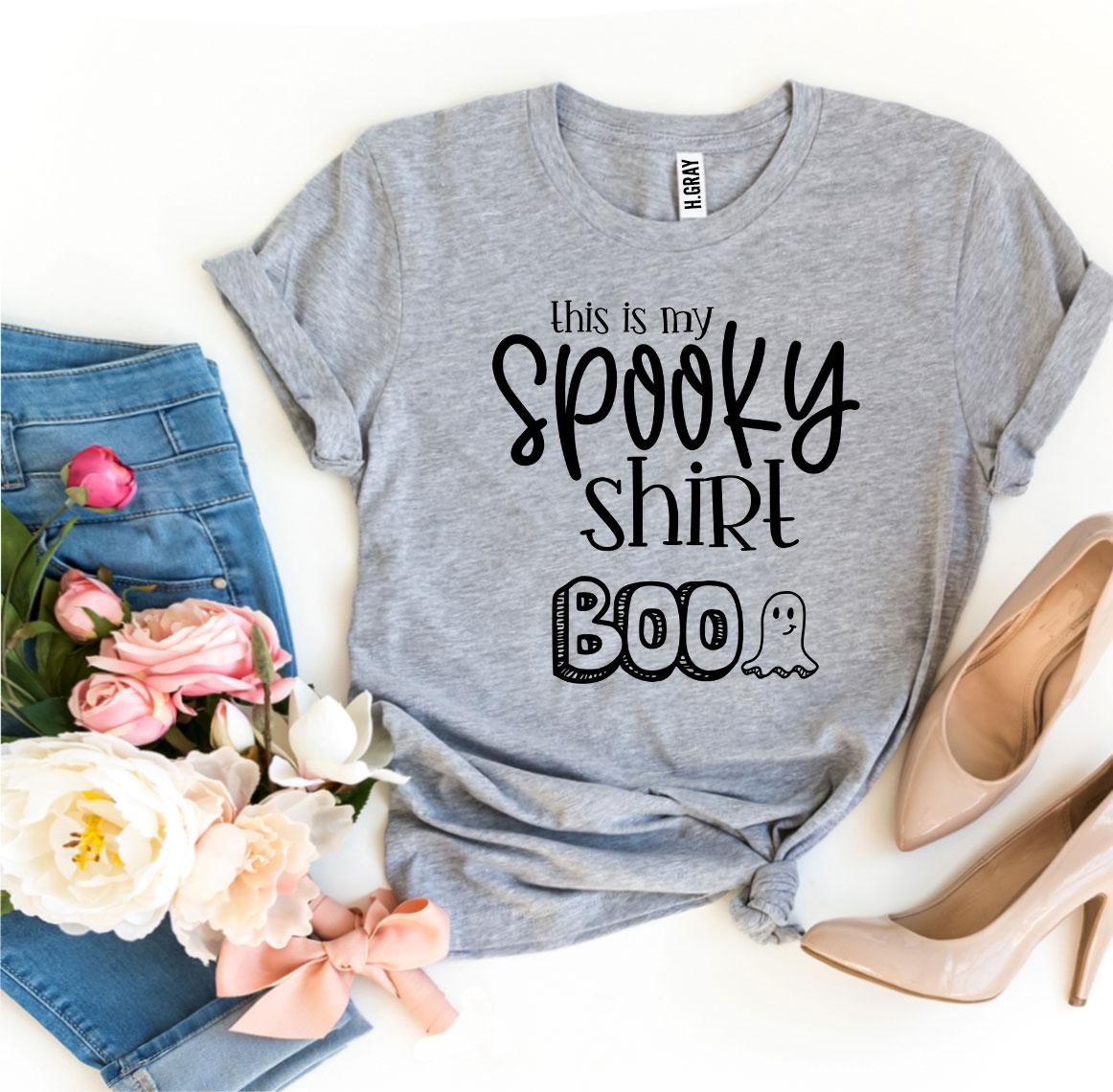 This Is My Spooky Shirt Boo T-shirt featuring a playful Halloween design, made from soft ring spun cotton, available in various sizes.