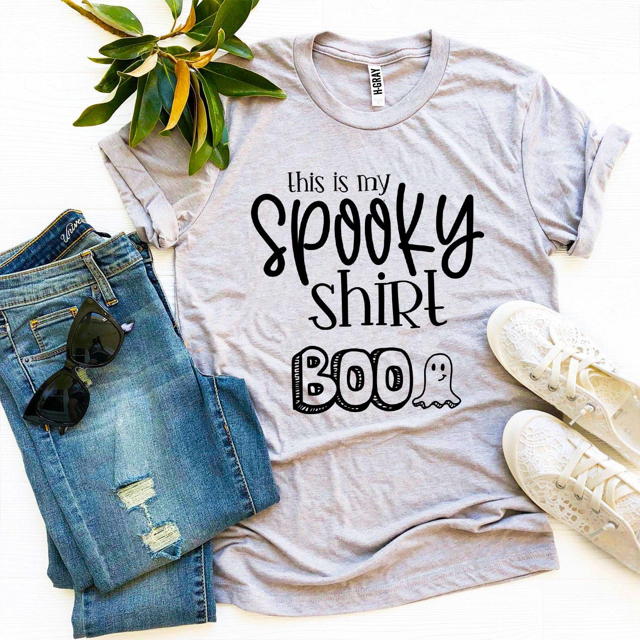 This Is My Spooky Shirt Boo T-shirt featuring a playful Halloween design, made from soft ring spun cotton, available in various sizes.