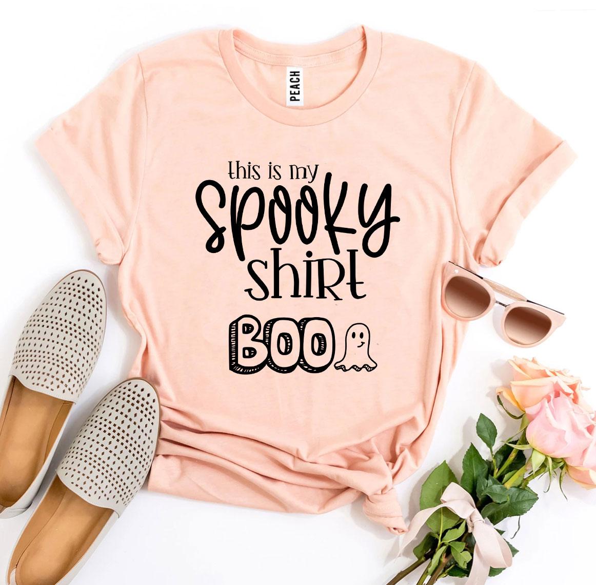 This Is My Spooky Shirt Boo T-shirt featuring a playful Halloween design, made from soft ring spun cotton, available in various sizes.