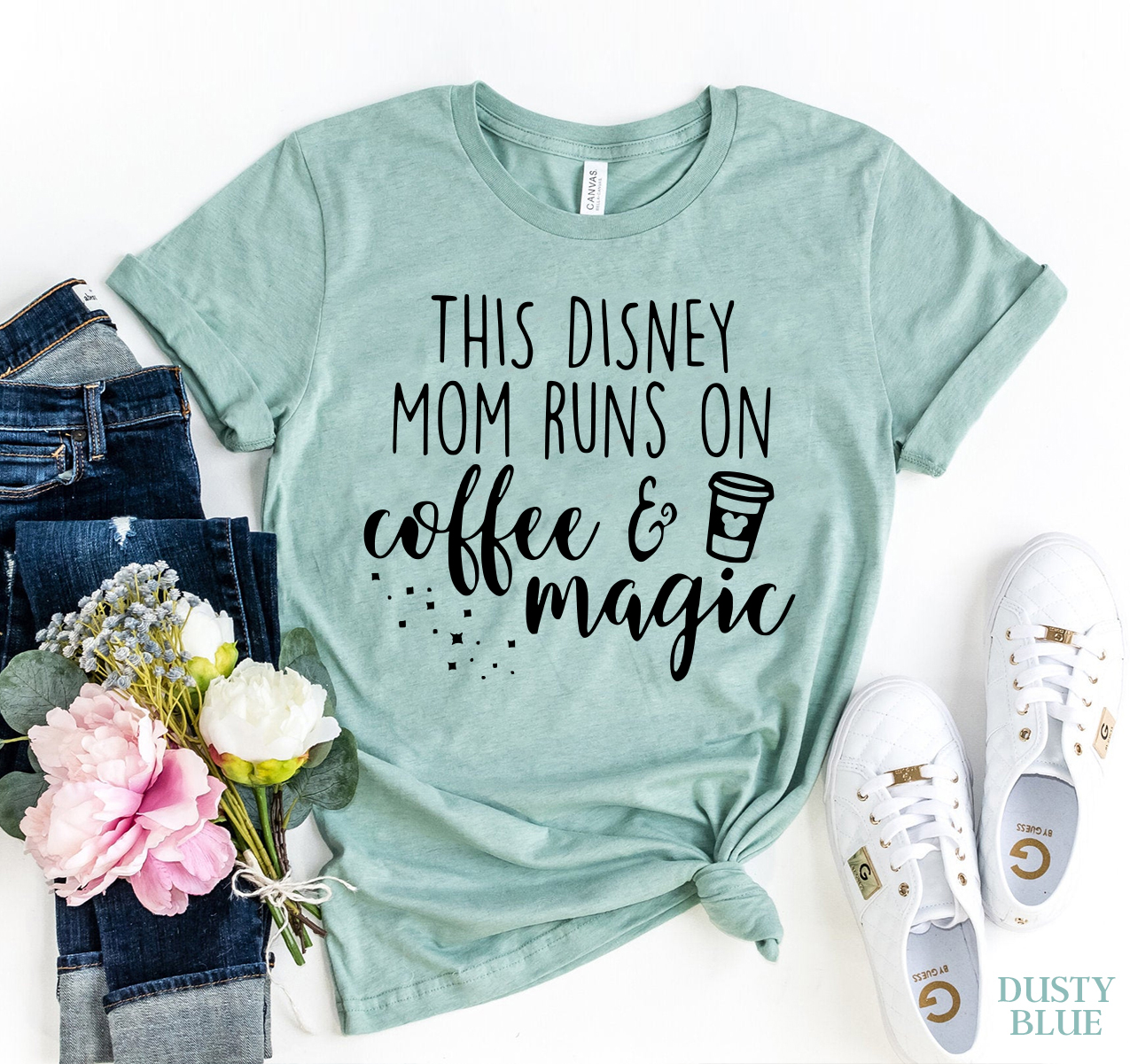 A stylish t-shirt featuring the phrase 'This Mom Runs On Coffee And Magic', made from premium ring spun cotton, displayed on a mannequin.