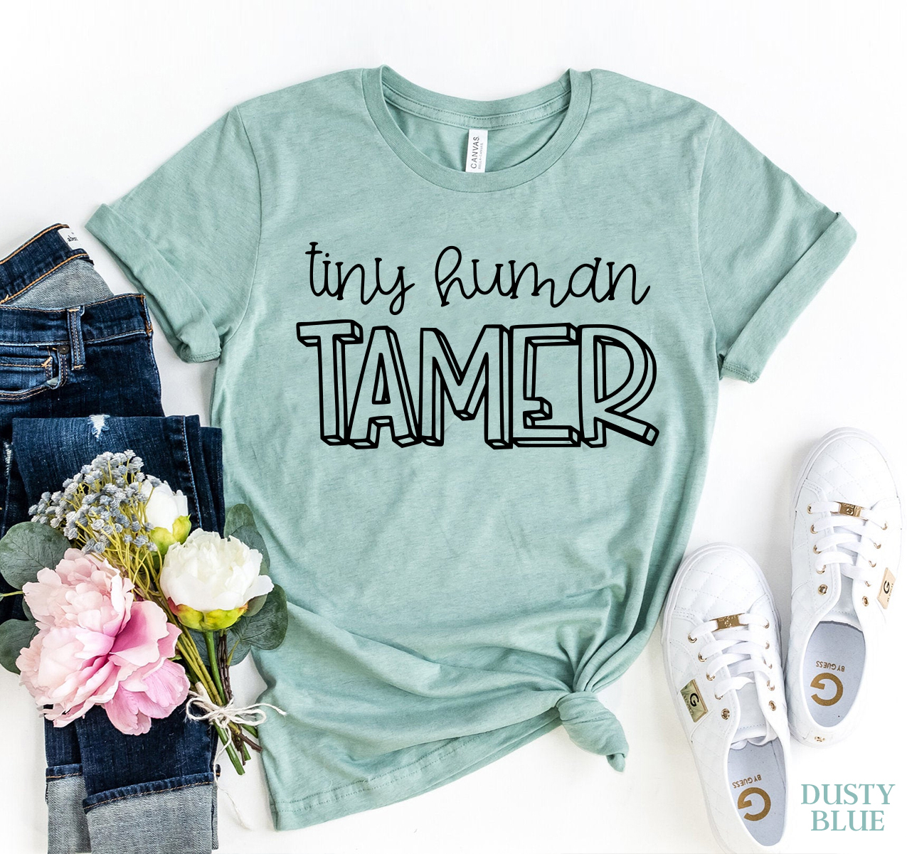 Tiny Human Tamer T-shirt made of premium ring spun cotton, featuring a soft feel and high-quality flex print design.