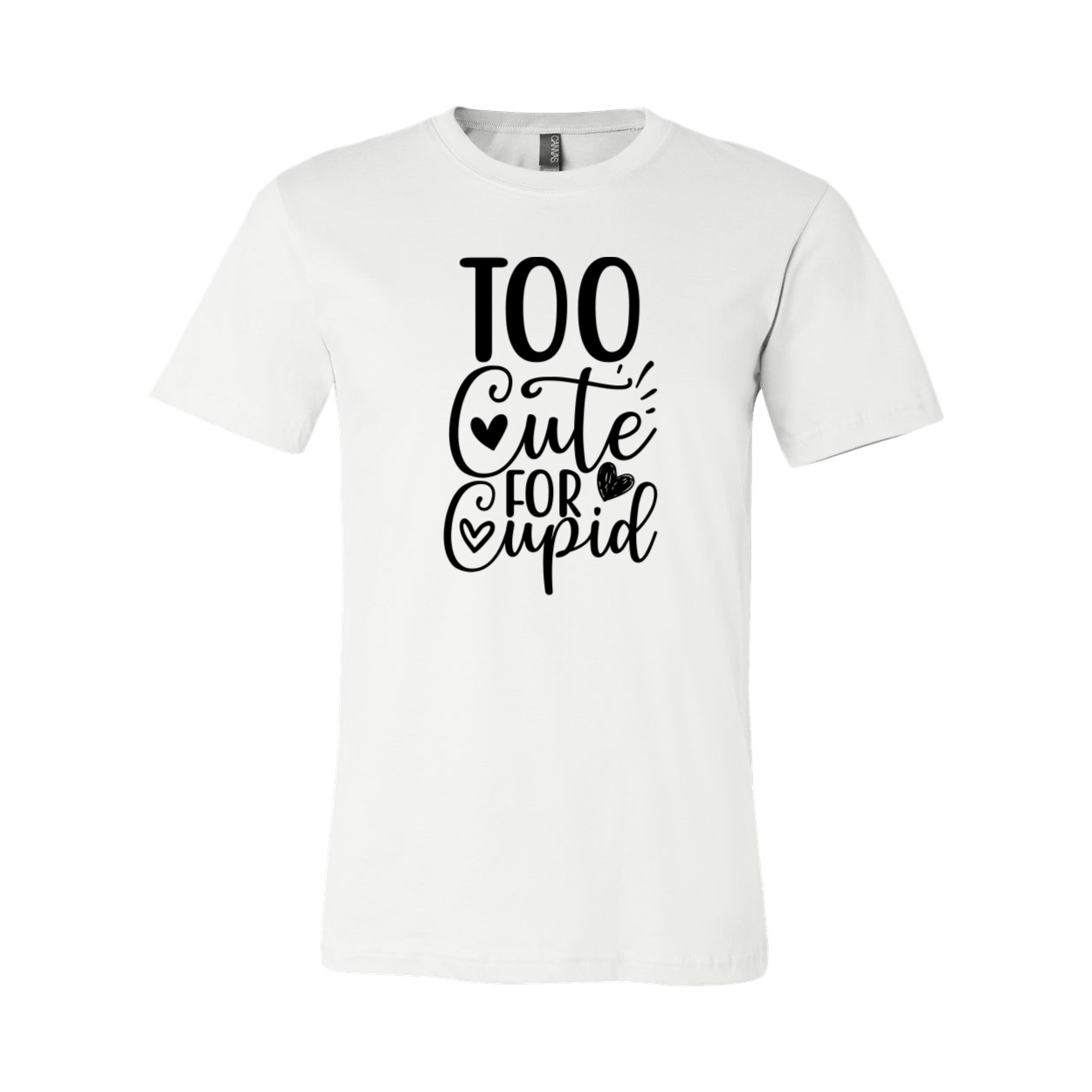 Too Cute For Cupid Shirt in various colors, showcasing its unisex design and soft fabric.