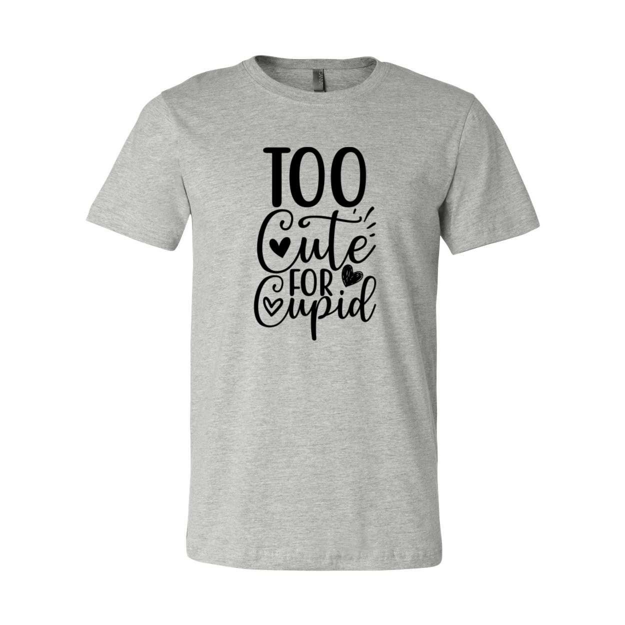 Too Cute For Cupid Shirt in various colors, showcasing its unisex design and soft fabric.