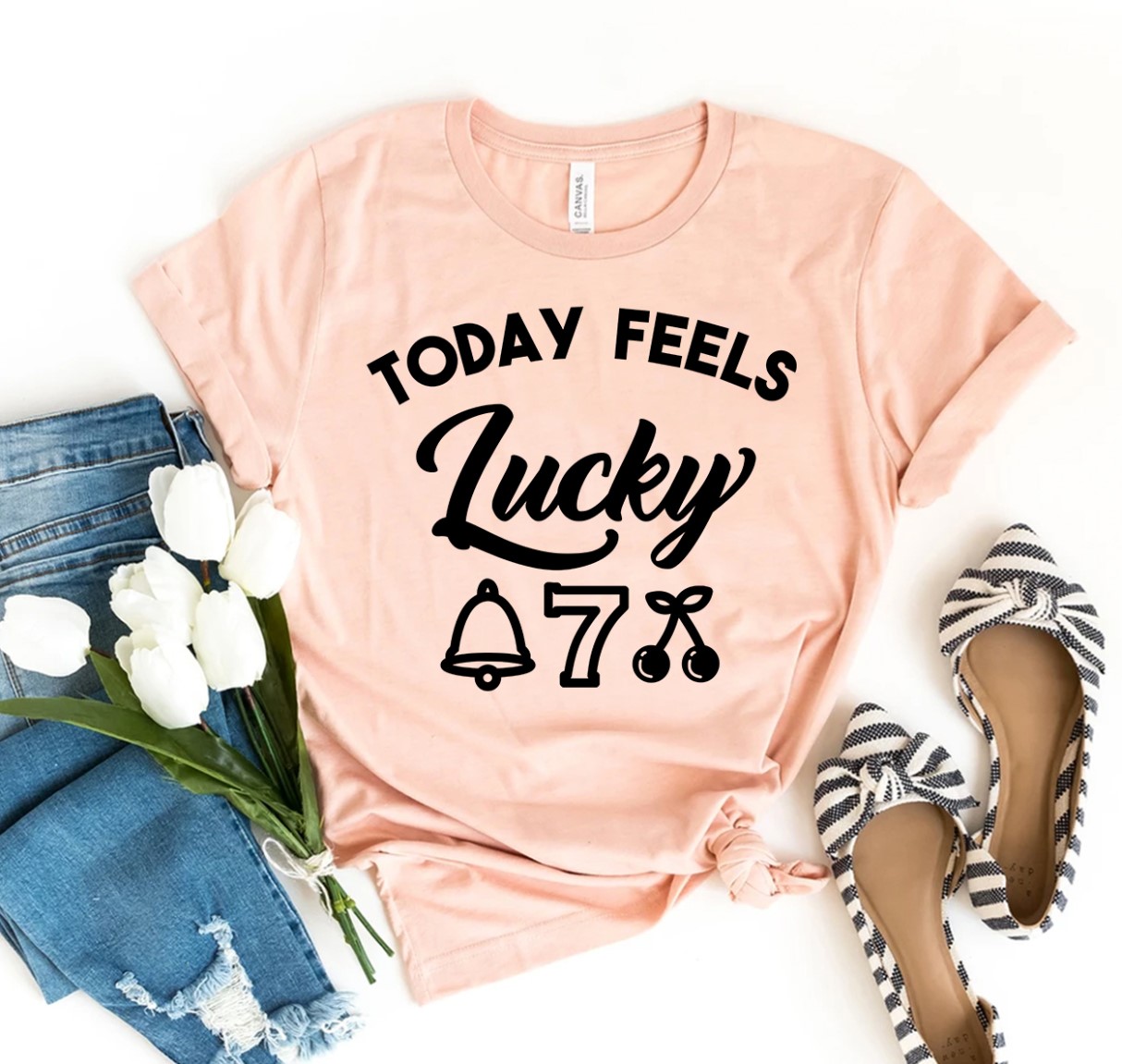 Today Feels Lucky T-shirt in various sizes, showcasing its soft fabric and vibrant print.