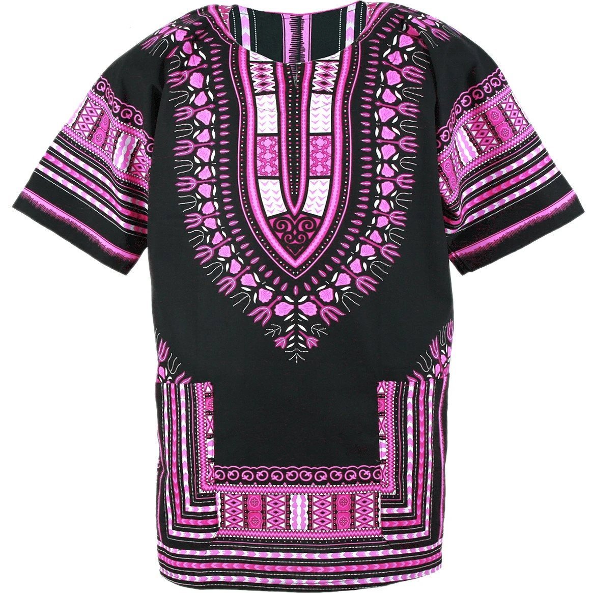 Tradition African Dashiki Shirt in black and pink, made from 100% cotton, showcasing its unique front and back design.