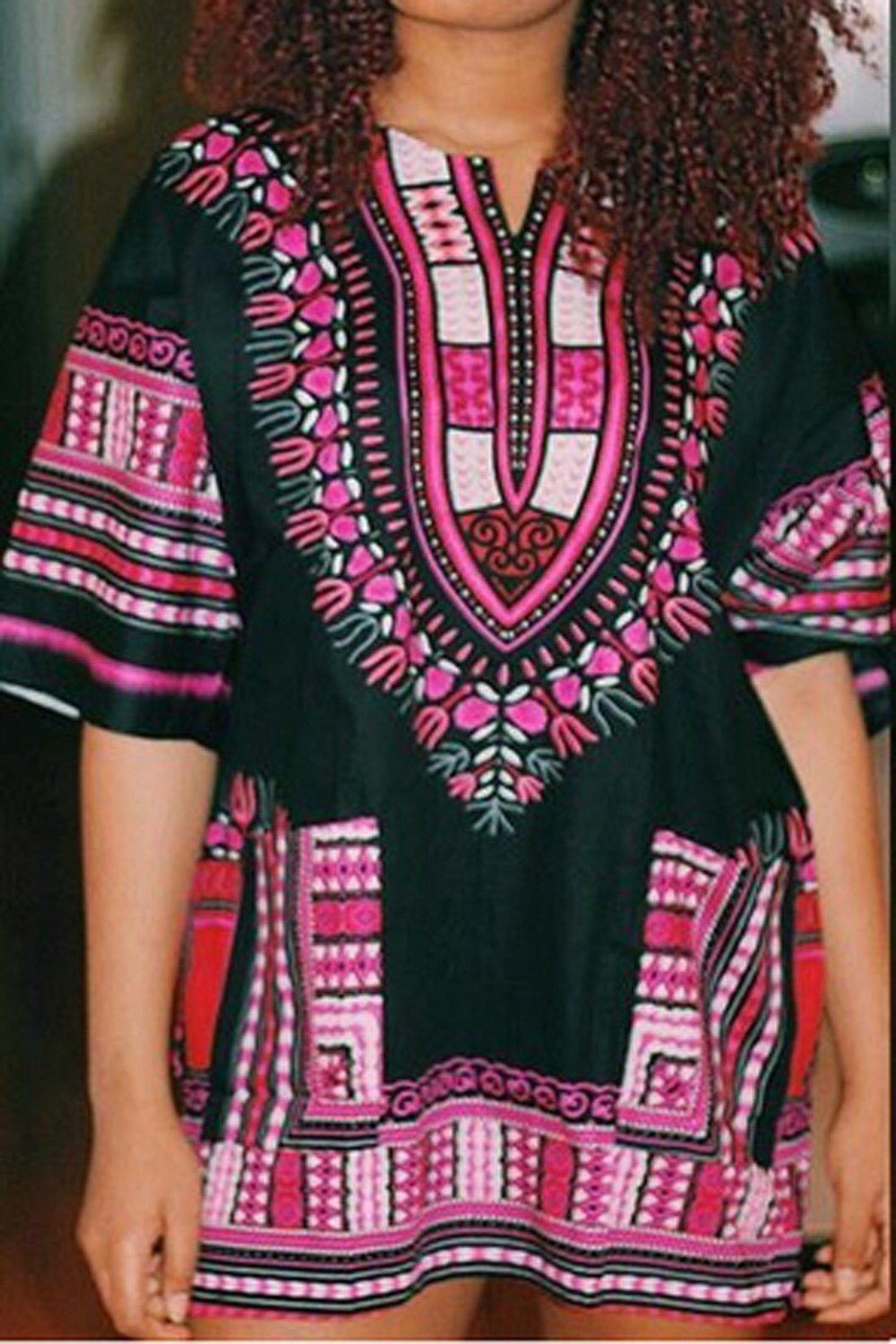 Tradition African Dashiki Shirt in black and pink, made from 100% cotton, showcasing its unique front and back design.