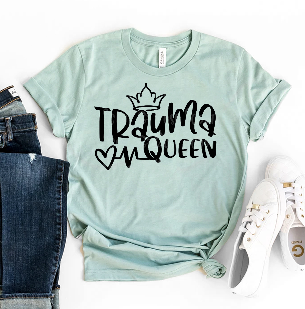 Trauma Queen T-shirt made of premium ring spun cotton with a stylish flex print design, available in multiple sizes.