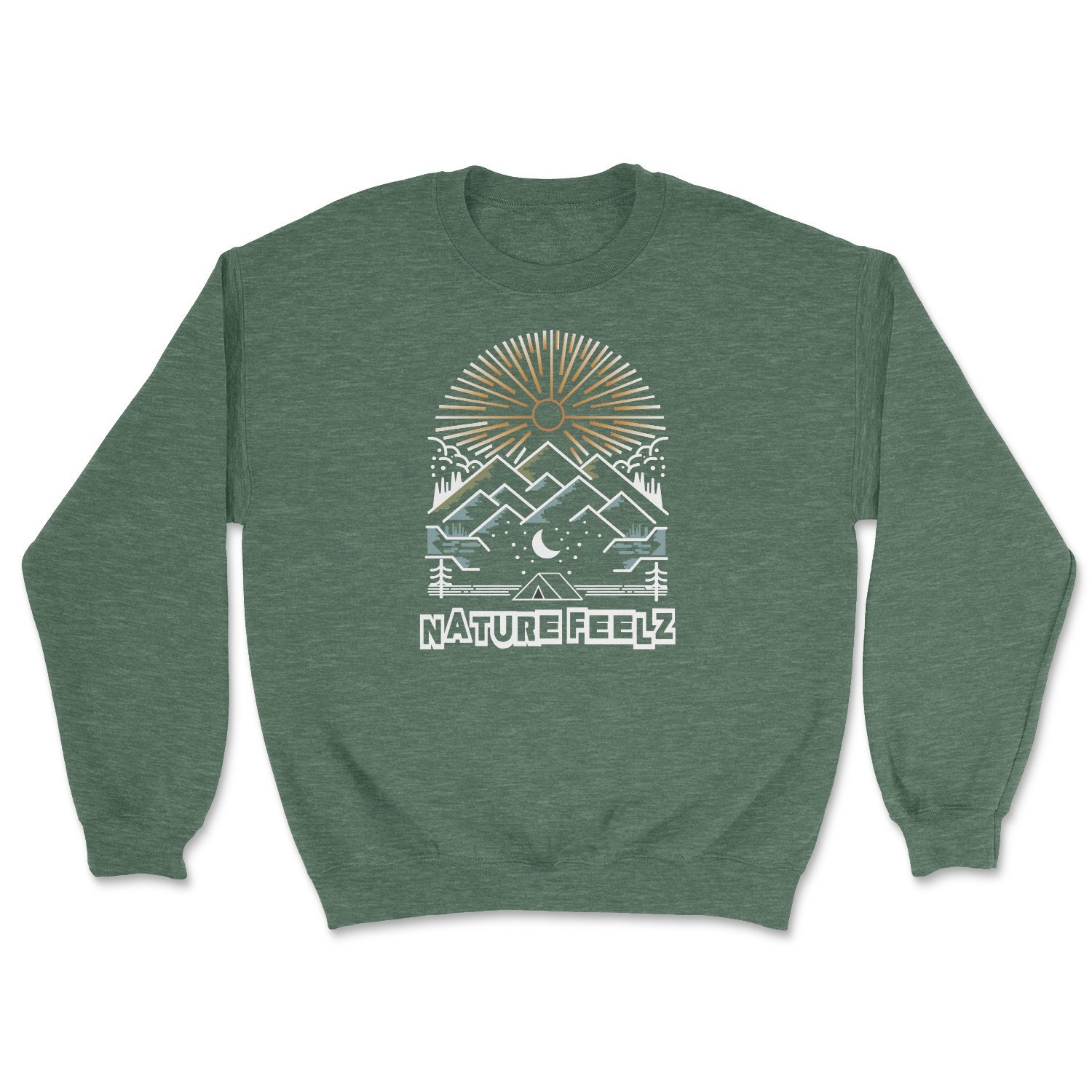 Tribal Camp Crew Heather Green sweatshirt showcasing its classic fit and soft fabric, perfect for colder months.