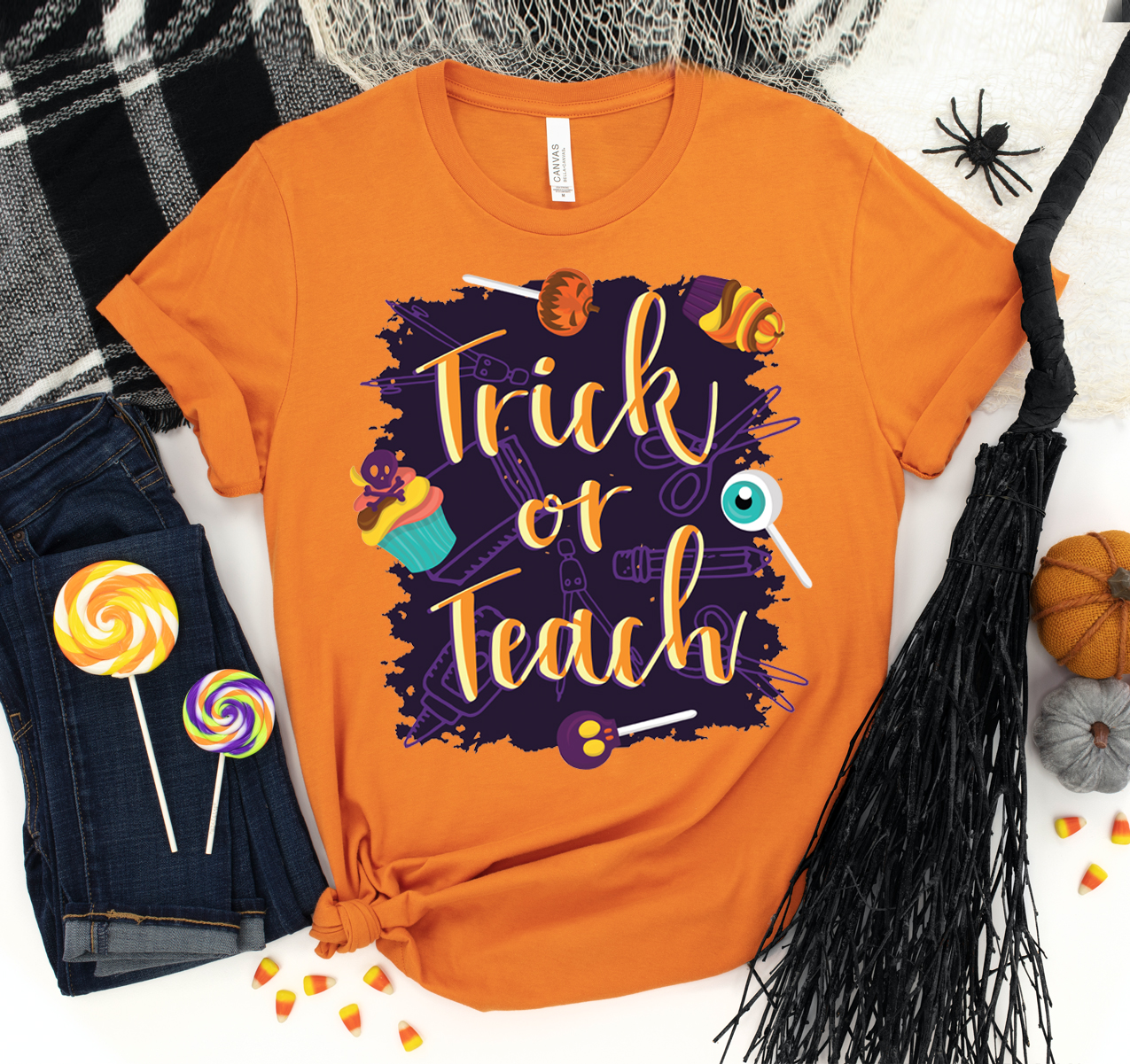 Trick Or Teach T-shirt displayed on a mannequin, showcasing its unisex design and soft fabric.