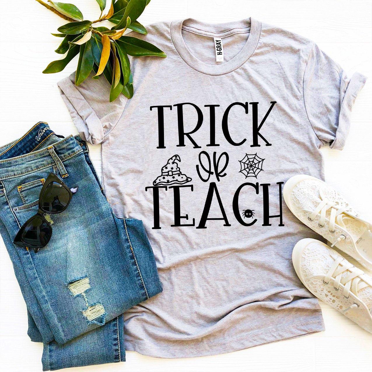 Trick Or Teach T-shirt made of premium ring spun cotton with a vibrant print, showcasing its comfortable fit and stylish design.