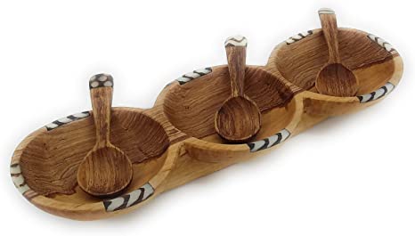 Triple hand-carved olive wood salad bowls with recycled bone accents, featuring three matching spoons, showcasing unique wood grain patterns.