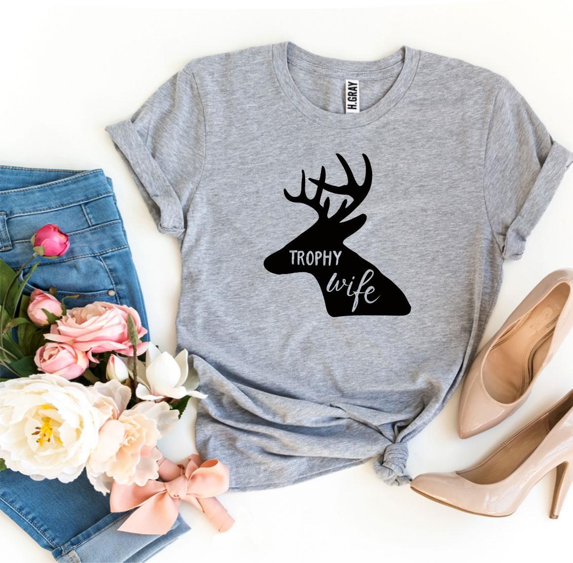 Trophy Wife T-shirt made from premium ring spun cotton, featuring a stylish design and available in various sizes.