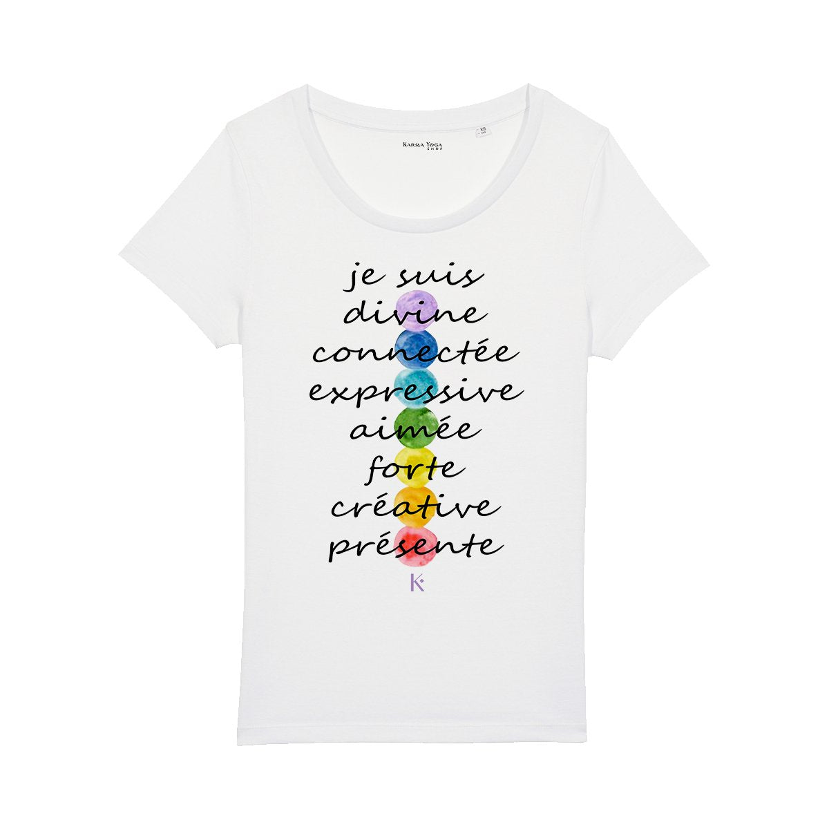 T-shirt Femme '7 Chakras' en coton bio, avec un design coloré représentant les sept chakras, doux et confortable.