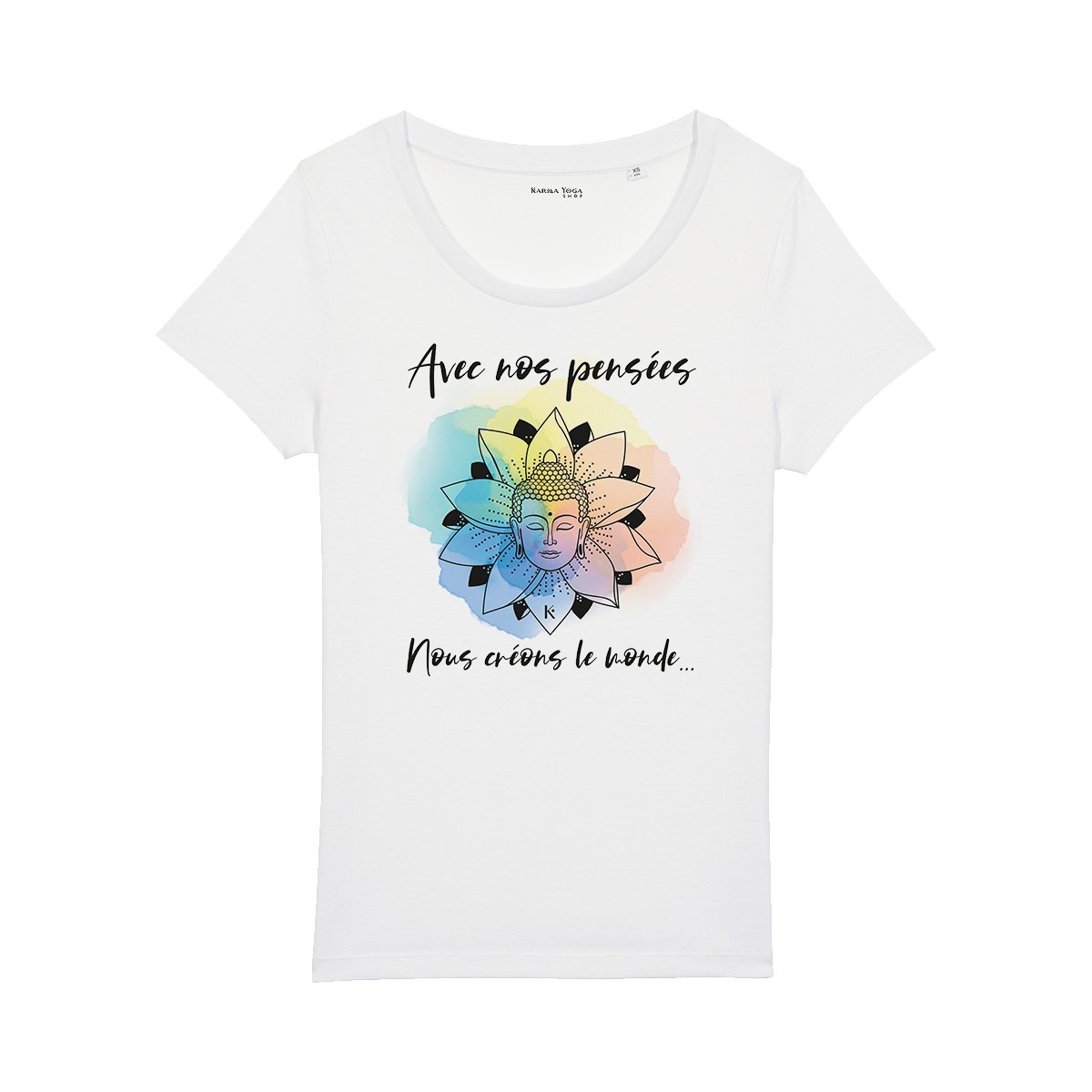 T-Shirt Femme "Créons le monde" en Coton Bio avec illustration de Bouddha dans une fleur de lotus, symbolisant l'éveil spirituel.