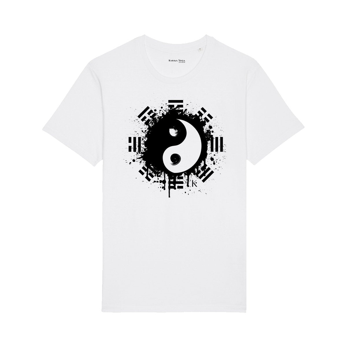 T-shirt unisexe 'Tao' en coton bio, doux au toucher, avec le symbole Yin et Yang imprimé, disponible en plusieurs tailles.