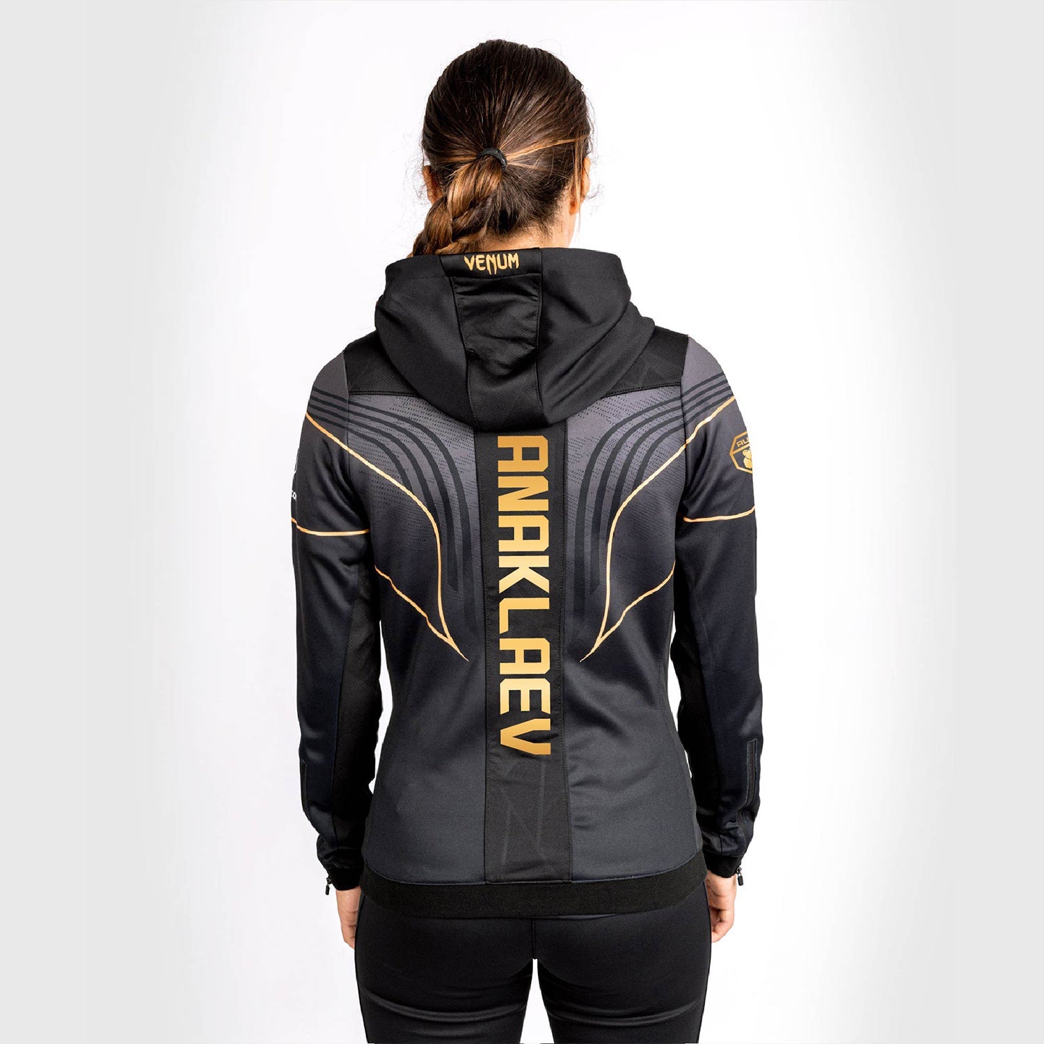 UFC VENUM Magomed Ankalaev Authentic Fight Night 2.0 Women’s Champion hoodie featuring glossy material and sublimated graphics.